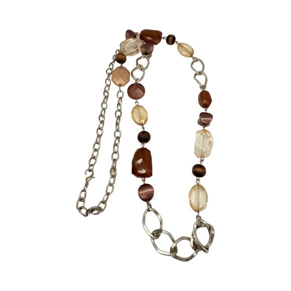 VTG Brown & Gold Tone Icy Glass Beaded Station Necklace 30" Silver Tone Boho - Picture 6 of 9
